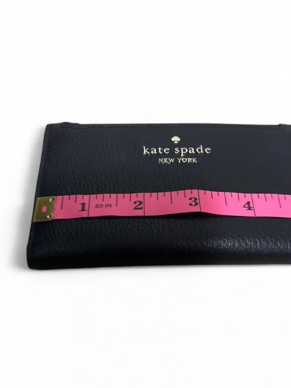 kate spade Black Pebbled Leather Zip Card Holder with Gold Logo